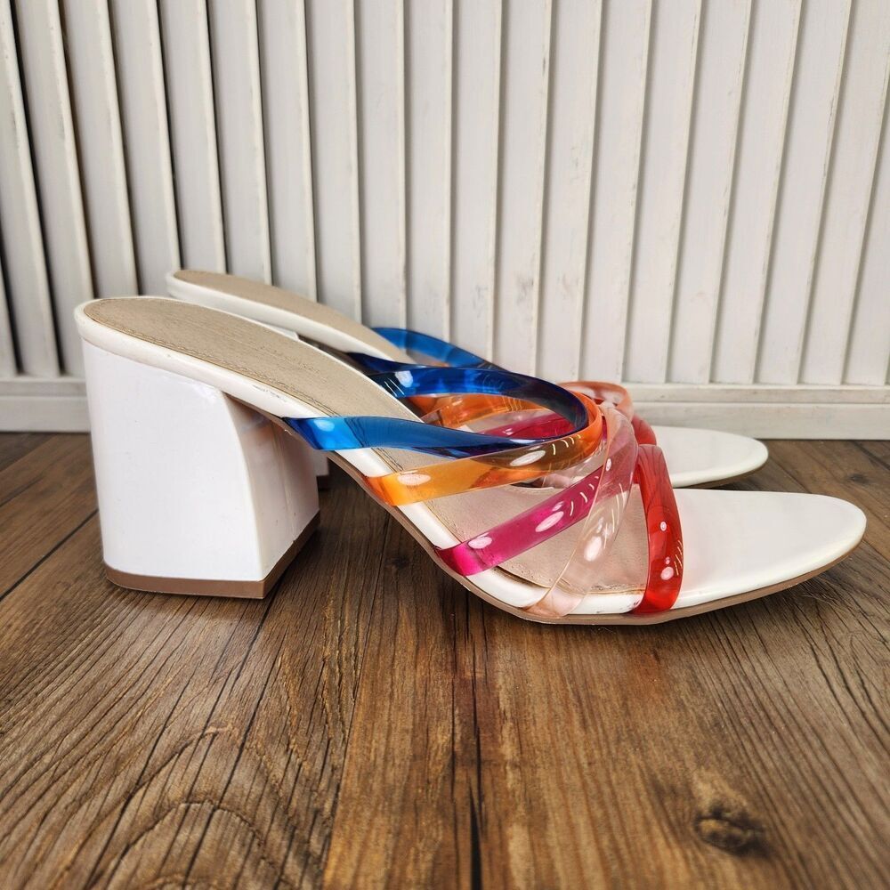 Asos Hanson Womens Sz 9 White Colorful Rainbow Jelly Clear Block Heeled Sandals